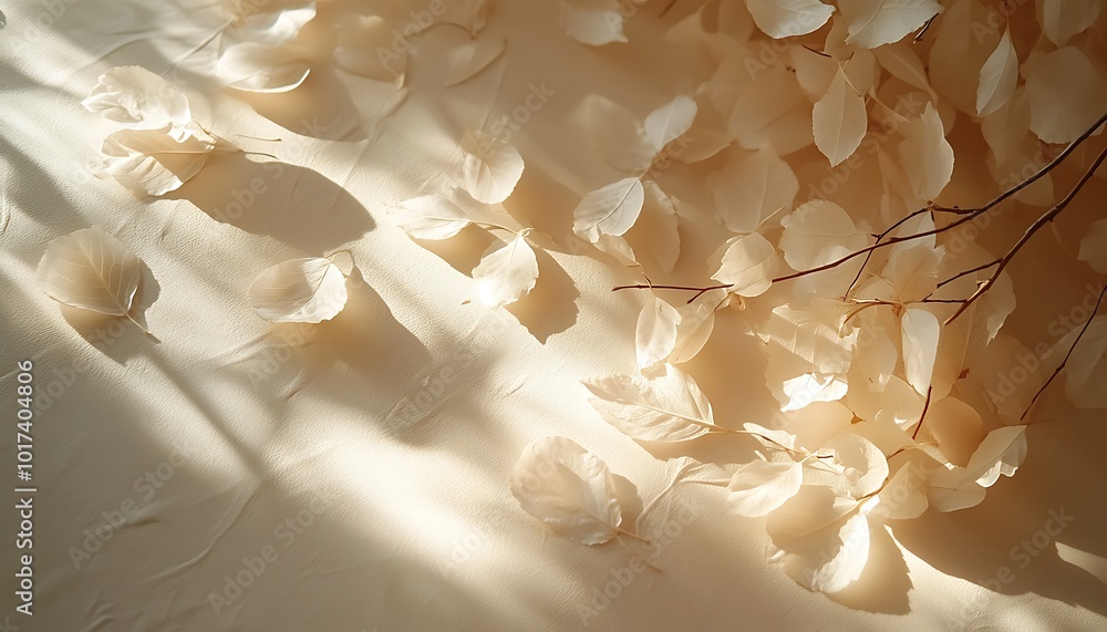 Poster delicate petals scatter softly across a sunlit surface, casting gentle shadows and creating an ether