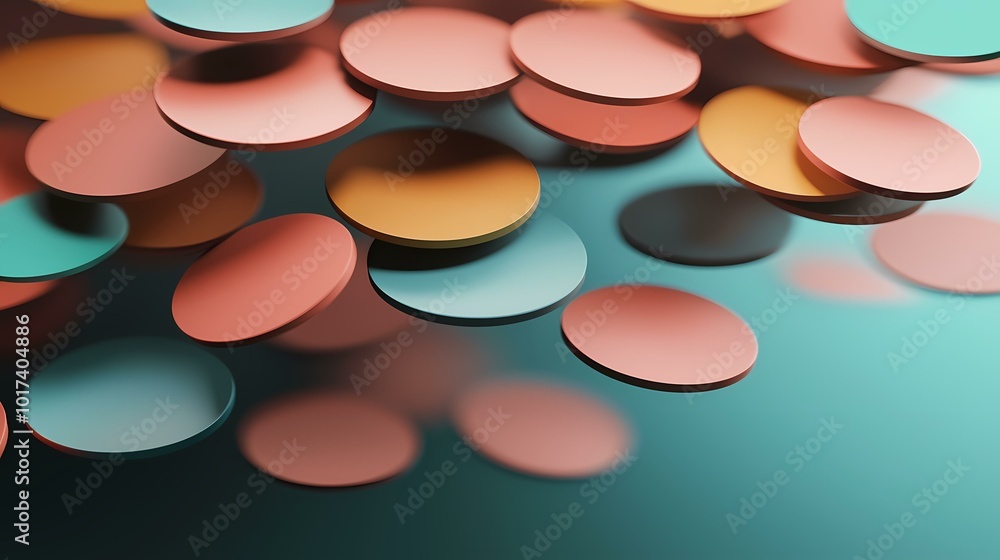 Poster the image contains a series of colorful circles, in shades of pink, orange and teal, with a slight b