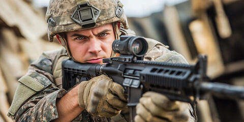 Fototapeta premium Soldier aiming assault rifle wearing camouflage uniform