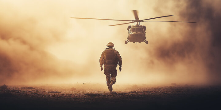Soldier walking toward military helicopter taking off in desert