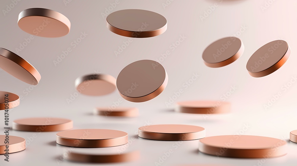 Poster the image contains several rose gold circular podiums, some floating in the air and some on the grou