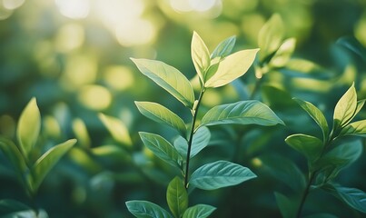 Lush green leaves glisten softly in sunlight, showcasing the vibrant beauty of nature's growth and renewal in a serene setting.