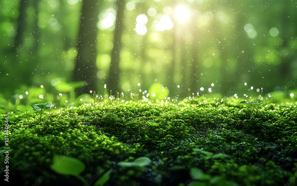 Aufkleber A serene forest scene with soft sunlight filtering through trees, highlighting dew-covered moss, creating a tranquil and lush atmosphere.