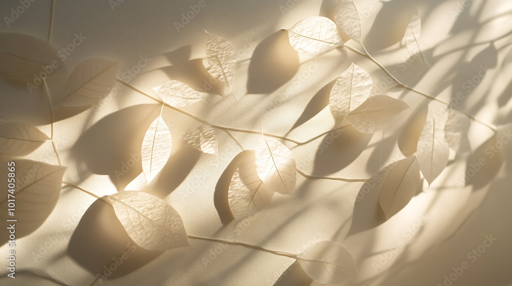 Aufkleber a soft, ethereal arrangement of translucent leaves casting delicate shadows against a light-colored 