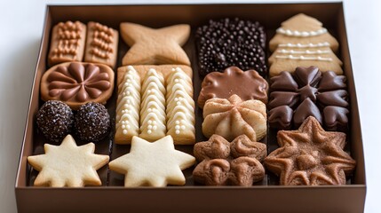An Assortment of Decorated Christmas Cookies in a Brown Box