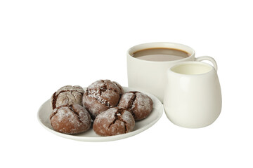 PNG, Crinkle cookies on plate, cup of coffee and jug, isolated on white background