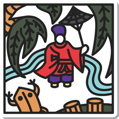 正方形ステッカー花札アイコン　霜月　栃　11月　小野道風　栃に小野道風