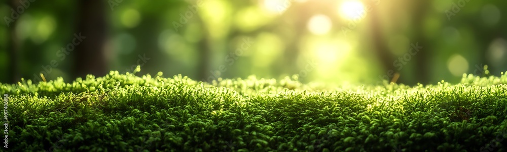 Poster a close-up view of lush green grass illuminated by soft sunlight, creating a serene and peaceful nat