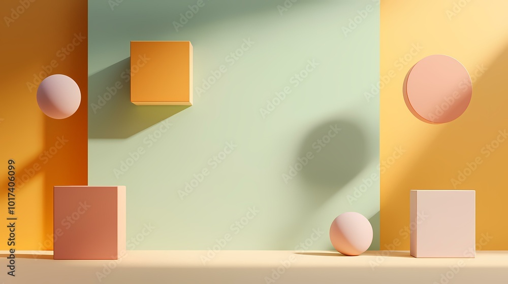 Poster the image shows a pastel colored minimal background with two spheres, a square and a circle on a lig