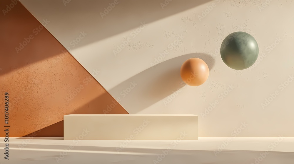 Poster the image contains two spheres, one green and one orange, hovering above a long white rectangular pl