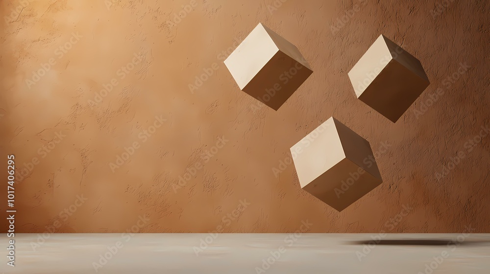 Poster three beige cubes are floating in the air in front of a brown textured wall. the cubes cast shadows 