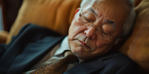 Fototapeta premium An older Asian man, dressed in a suit and tie, is sleeping on the sofa at work, generative AI
