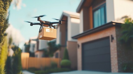 Drone delivering package in a residential area, focused on modern houses.