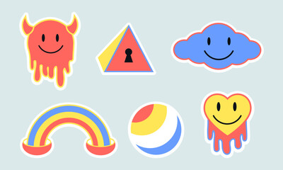 Psychedelic pop art sticker set for retro and modern creative designs

