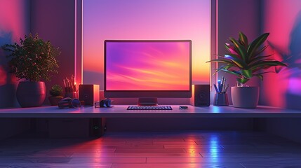 Trendy Workstation: A stylish and modern desk setup with contemporary equipment and a clean design, ideal for business presentations and modern work environments. High resolution Illustration, in the