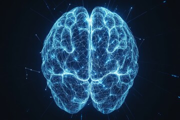 A digital rendering of a human brain as a glowing blue wireframe.