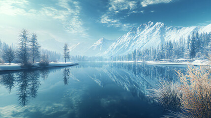 View of snow covered mountain scenery, Bow river and Three Sisters in winter