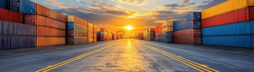 Fototapeta premium Freight containers arranged at sunset, with vibrant colors and clear sky.