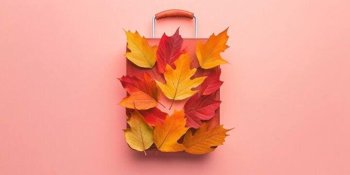 Creative Minimalist Autumn Leaves Suitcase on Pink Background - Vivid, Bright, Conceptual Stock Image