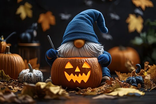 Realistic image of a gnome carving a frightening jack-oâ€™-lantern with a menacing grin, showcasing a spooky Halloween tradition in gnome culture