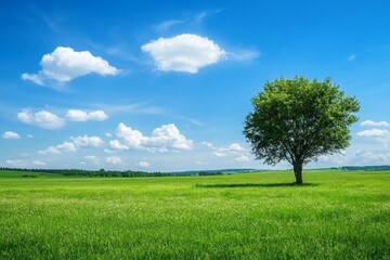 Single tree standing in a lush green field with a blue sky and fluffy white clouds.