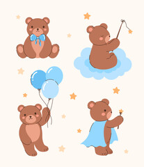 Set of cartoon bears with blue balls. Birthday elements. Flat vector illustration.