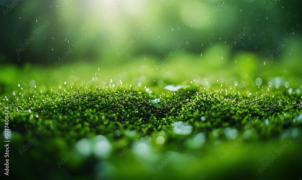 Poster a close-up view of lush green moss with droplets of water, illuminated by soft light, creating a ser