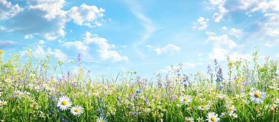 A field of white daisies and blue wildflowers under a bright blue sky with white puffy clouds.