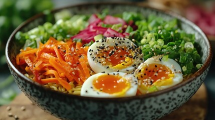 Bowl of ramen noodles being topped with fresh vegetables and sesame seeds