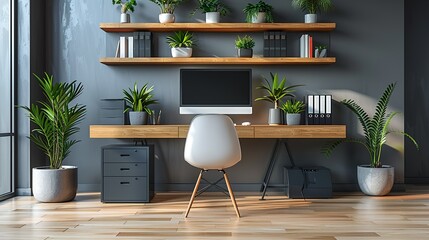 Contemporary Workstation: A tidy and stylish desk setup with modern equipment and a clean design, perfect for business presentations and modern work environments. High resolution Illustration, in the