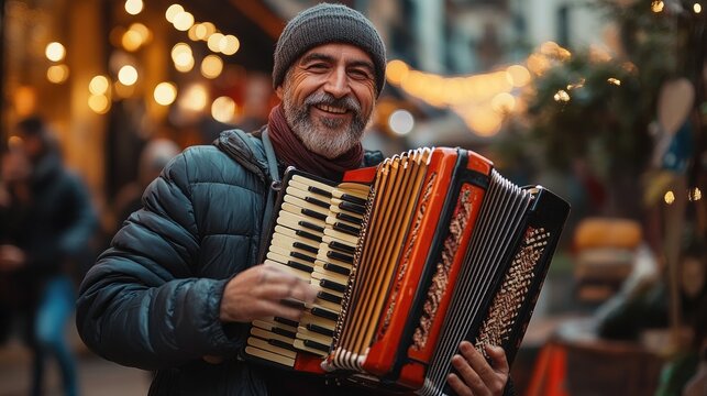 Old man with a beard is playing accordion in a crowded street