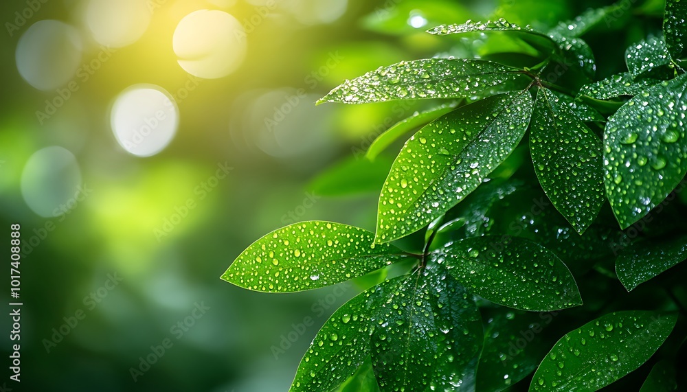 Poster lush green leaves glisten with dew in a soft, natural light, creating a serene and refreshing atmosp