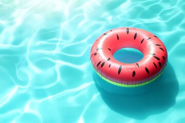 A watermelon-shaped inflatable ring floating in a blue pool.