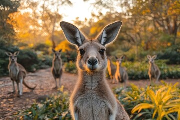 Fototapeta premium Curious eastern grey kangaroo posing with family at sunset in australia