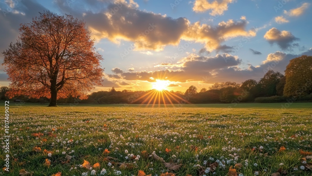 Wall mural sunset over a field of wildflowers with a lone tree in the foreground.