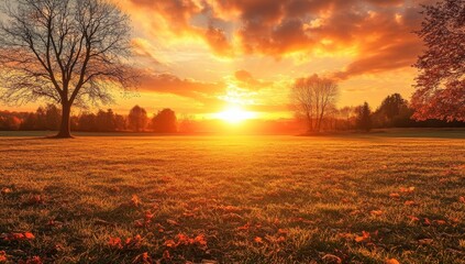 Golden hour sunset over a grassy field with scattered leaves.
