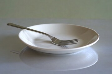 A stainless steel kitchen fork balanced on the rim of a porcelain plate, with soft reflections captured in the polished surface.