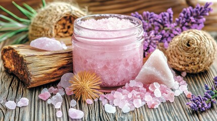 A luxurious jar of Himalayan salt scrub cream, rich and creamy texture, designed for exfoliation and revealing brighter, radiant skin, with soft pink salt crystals on the surface