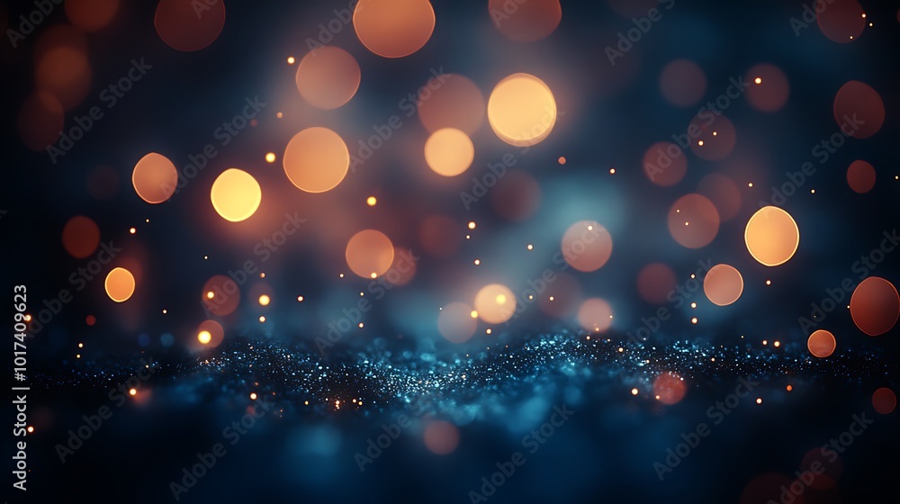 Poster A stunning abstract background featuring soft bokeh lights in warm tones against a dark, blurred backdrop, creating a dreamy, mystical atmosphere.