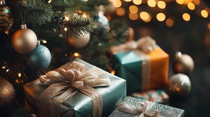 Christmas Tree with Blue and Gold Ornaments and Presents