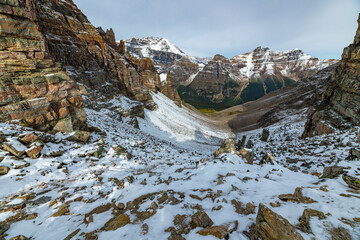 Beautiful fall time scenic views at Sentinal Pass, Larch Valley during September with light snow covering the incredible landscape in northern Canada, Banff National Park. 