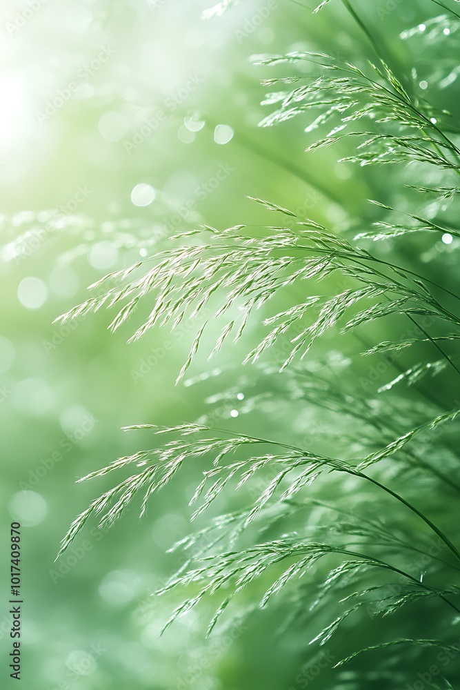 Aufkleber dew-kissed grass glimmers in soft sunlight, creating a tranquil, serene atmosphere in a lush green s