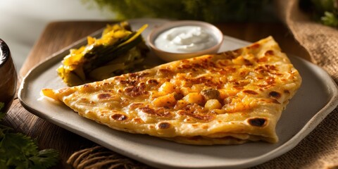 a plate of food with a piece of pizza on it