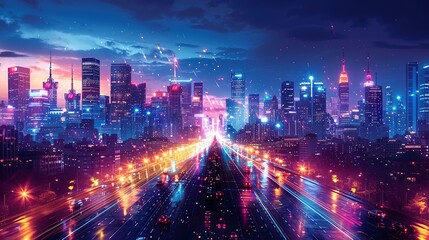 Urban Vibes: A dynamic cityscape with vibrant lights and busy streets capturing the essence of urban living and the energy of a thriving metropolitan area. High resolution Illustration, in the style