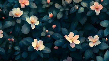 Delicate Pink Flowers on Dark Green Foliage - Illustration