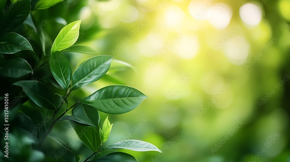 Aufkleber lush green leaves basking in soft sunlight, creating a serene and refreshing natural atmosphere.