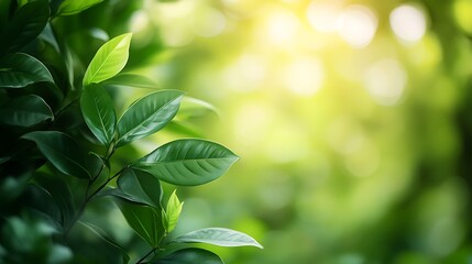 Lush green leaves basking in soft sunlight, creating a serene and refreshing natural atmosphere.