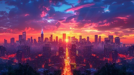 Obraz premium City at Dusk: A stunning view of a city skyline at dusk with illuminated buildings and busy streets ideal for themes related to city life and urban environments. High resolution Illustration, in the