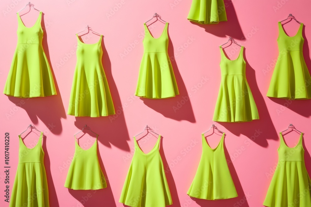 Poster vibrant neon green dresses on soft pink background with repetitive pattern and shadows