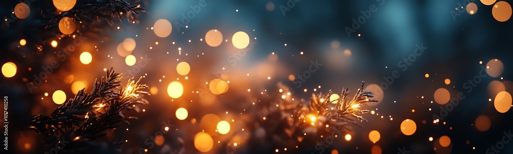 Poster A mesmerizing display of sparkling lights and bokeh effects, creating a vibrant atmosphere with warm golden hues against a cool blue background.